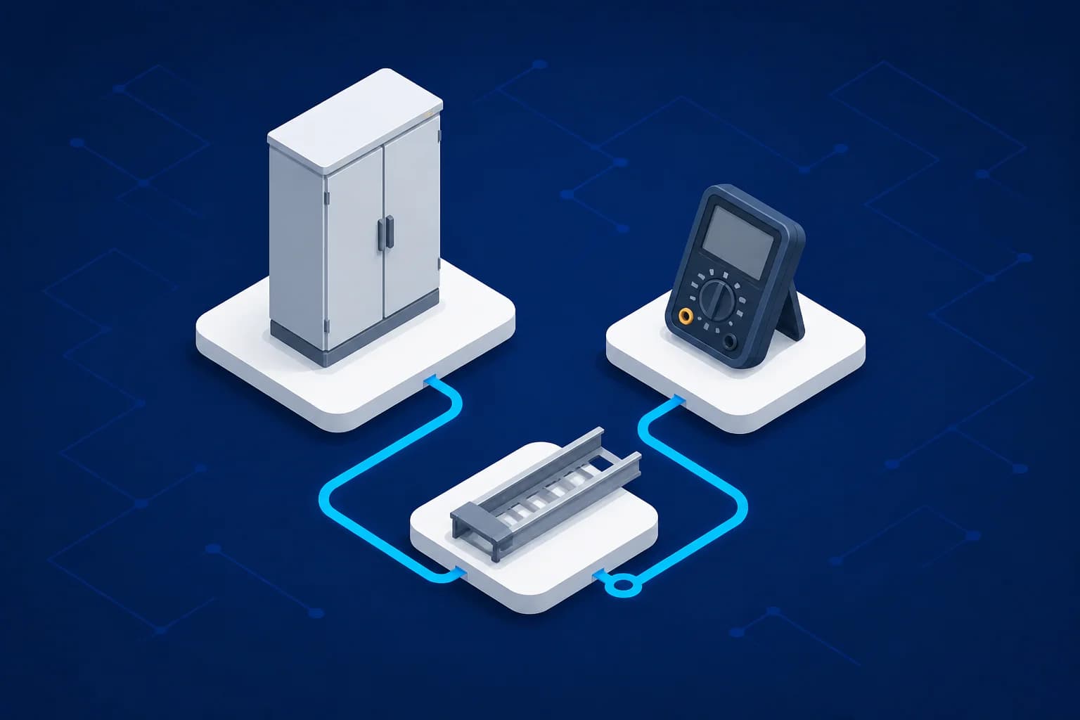 Compact isometric electrical path connecting closed distribution equipment, a cable tray, and a commissioning meter