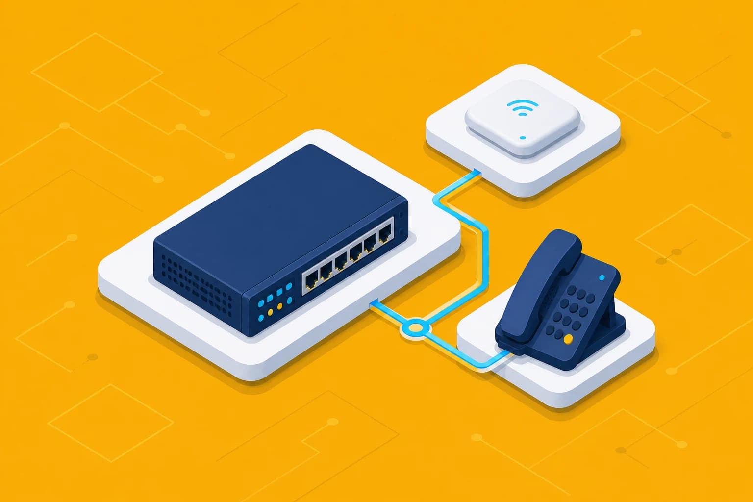 Compact isometric communications path connecting network, wireless, and voice systems