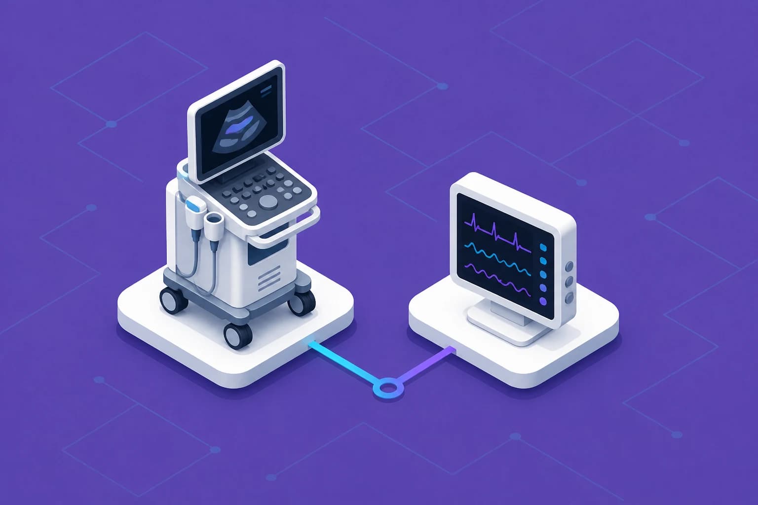 Compact isometric healthcare technology path connecting imaging and monitoring systems