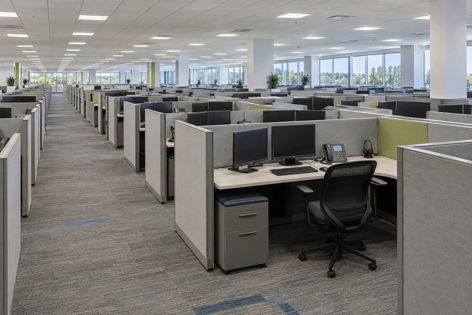 Concept view along a large call-center operations floor with rows of cubicles, desktop monitors and office phones