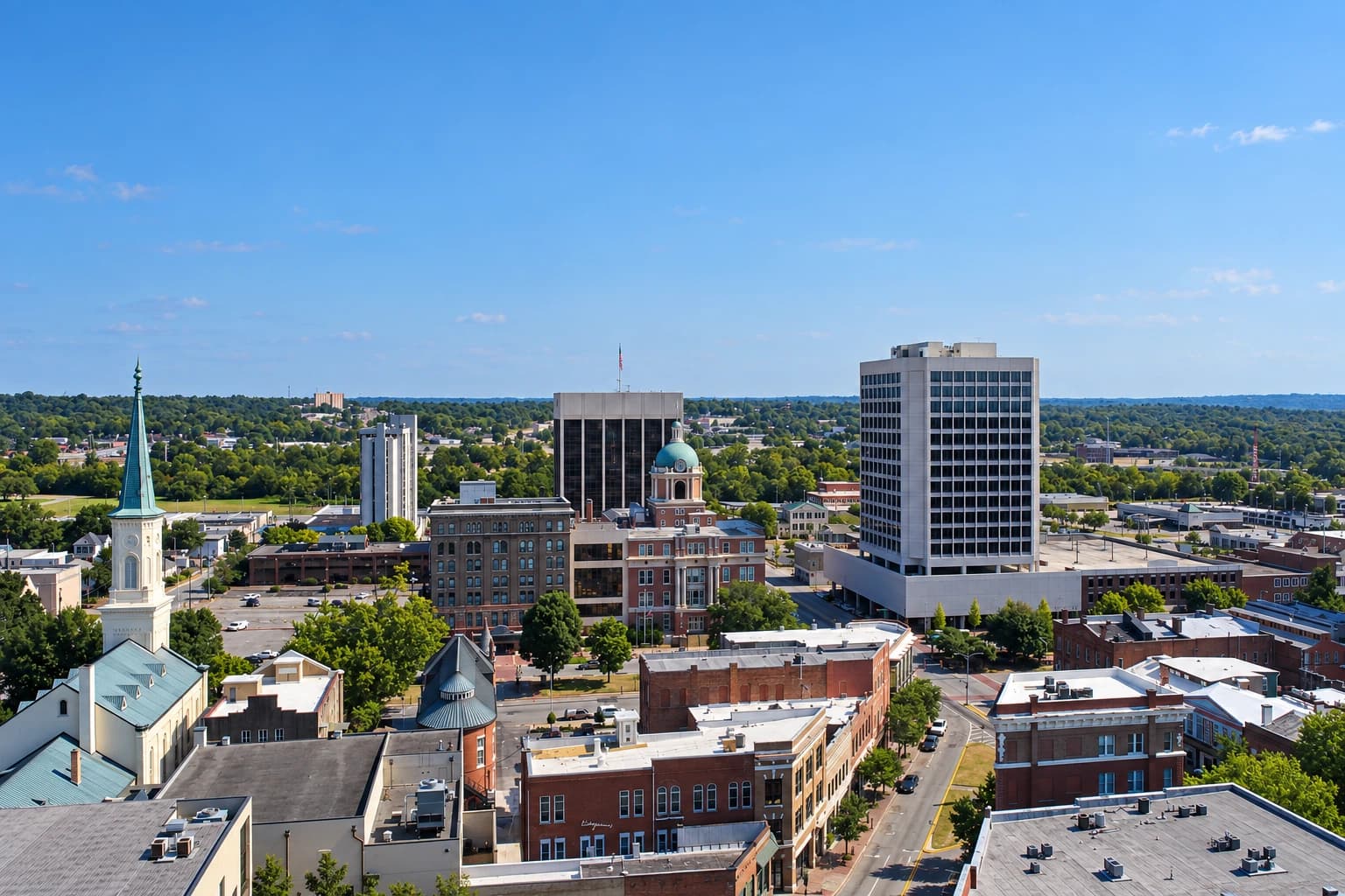 Elevated view of downtown Macon, Georgia, with the courthouse clock tower and historic city streets