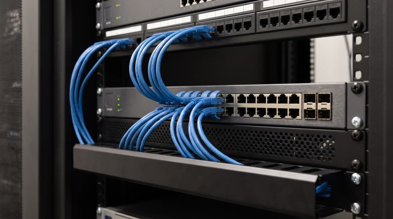 Blue patch cords connecting a rack-mounted patch panel and network switch